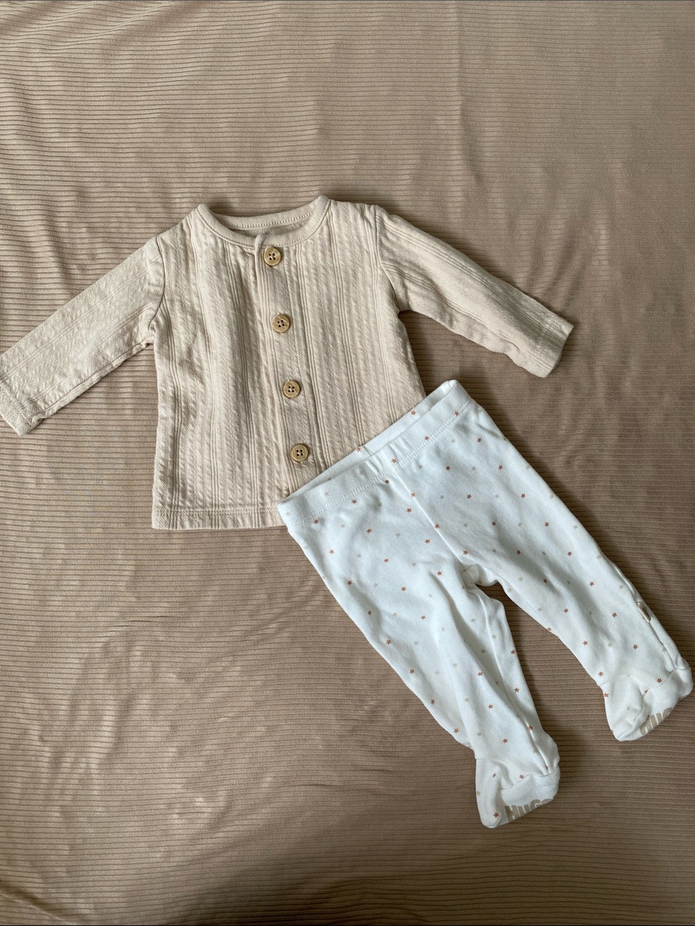 Neutral Beige Button-Front Baby Top with White Star Print Footed Pants